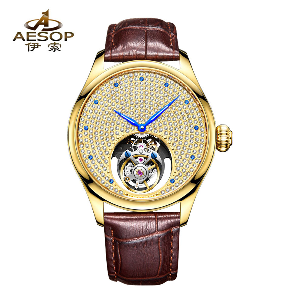Aesop Tourbillon Men Watch Rhinestones Dial Mechanical Wristwatch 7046