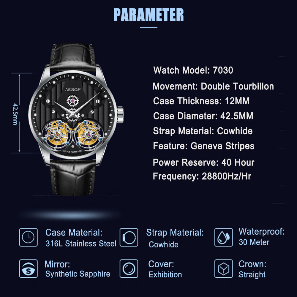 Aesop Double Tourbillon Men Watch Flying Tourbillon Sapphire Crystal 316L Stainless Steel Wristwatch 7030