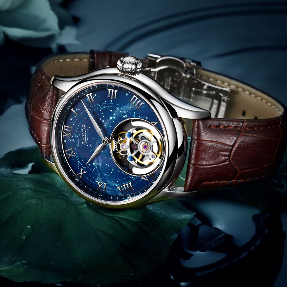 Aesop Automatic Tourbillon Men Watch Star Galaxy Wristwatch 7045