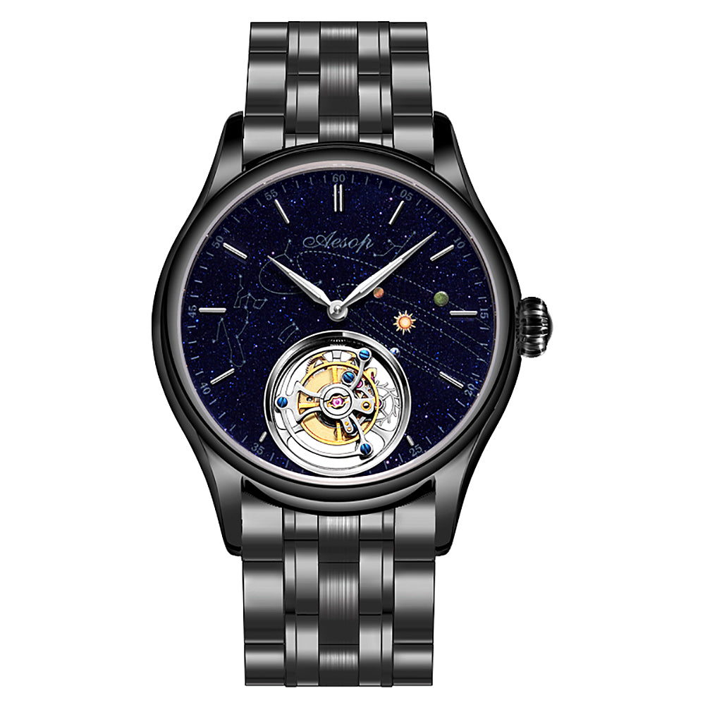 AESOP Mens Luxury Real Flying Tourbillon Mechanical Sapphire Waterproof Watch Skeleton Watches for Men Wristwatches Male Clock 7025