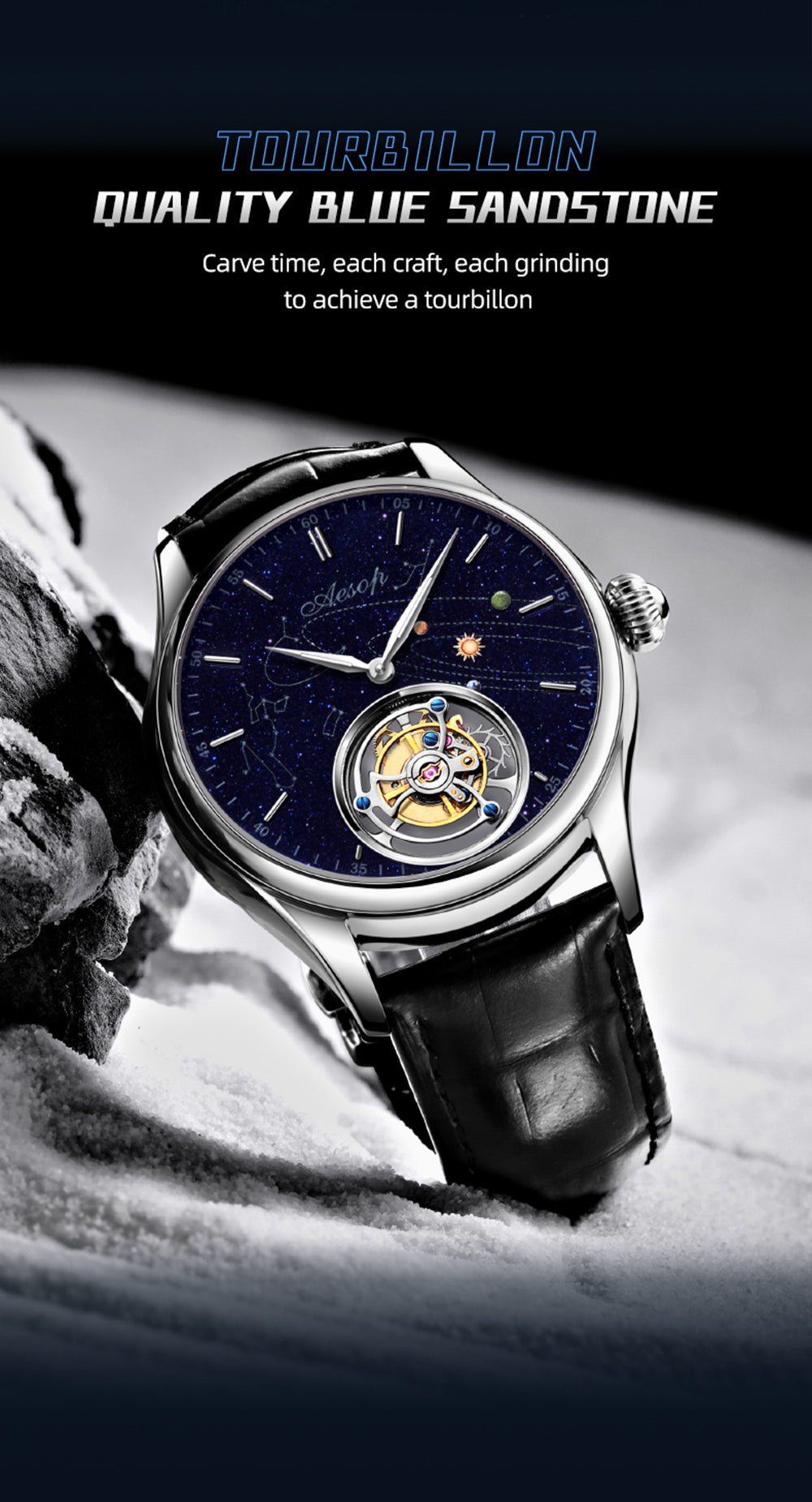 AESOP Mens Luxury Real Flying Tourbillon Mechanical Sapphire Waterproof Watch Skeleton Watches for Men Wristwatches Male Clock 7025