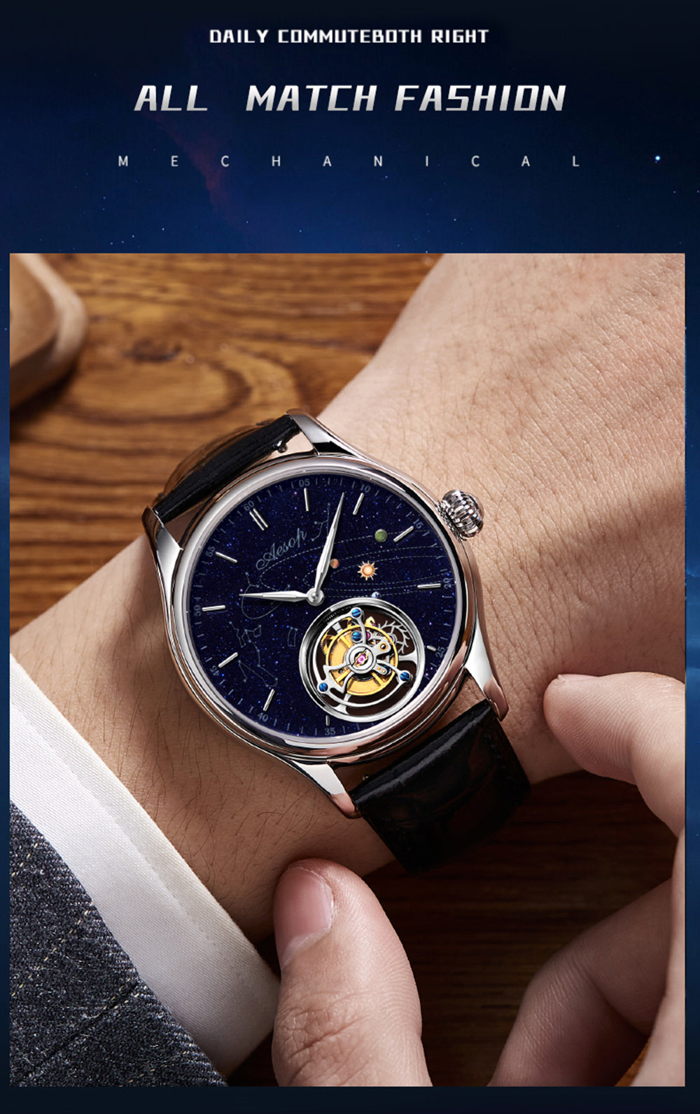 AESOP Mens Luxury Real Flying Tourbillon Mechanical Sapphire Waterproof Watch Skeleton Watches for Men Wristwatches Male Clock 7025