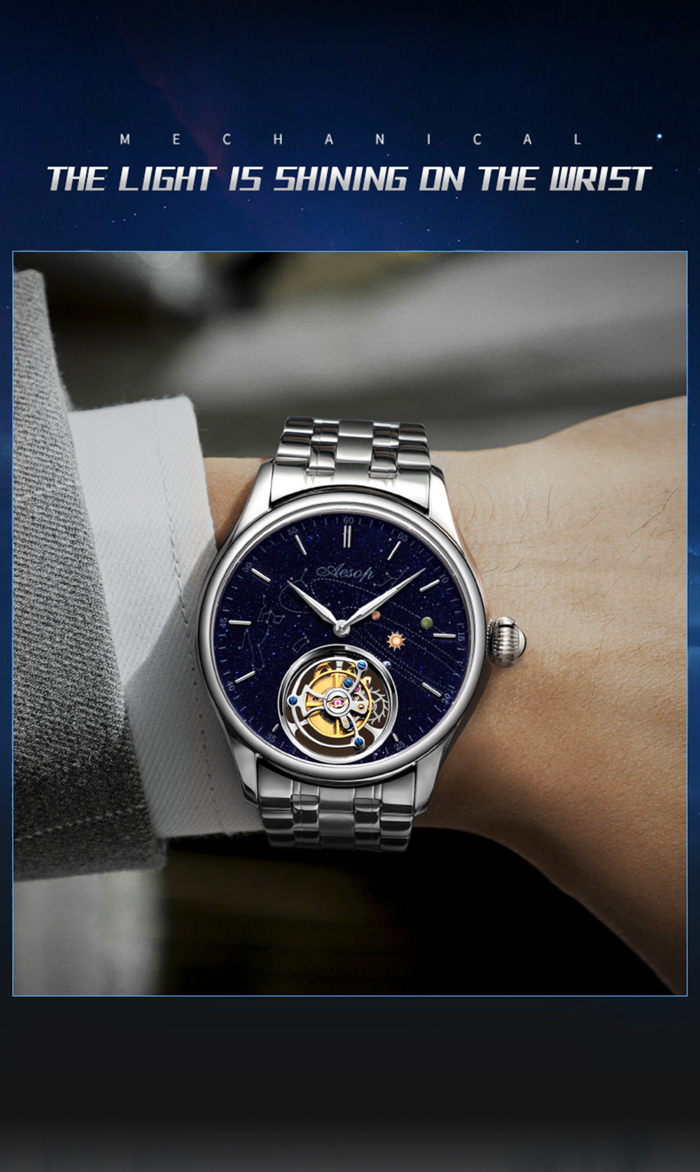 AESOP Mens Luxury Real Flying Tourbillon Mechanical Sapphire Waterproof Watch Skeleton Watches for Men Wristwatches Male Clock 7025