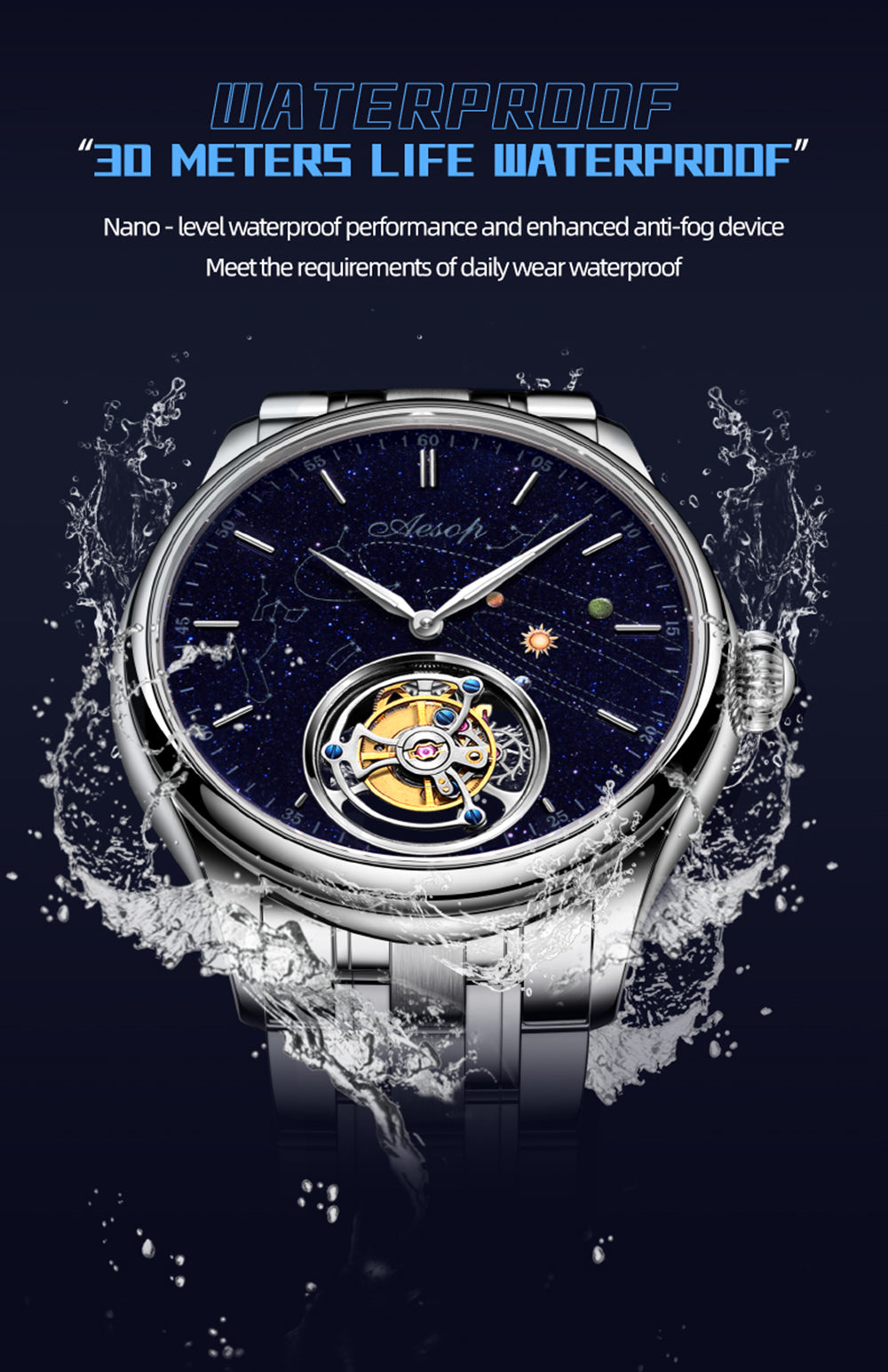 AESOP Mens Luxury Real Flying Tourbillon Mechanical Sapphire Waterproof Watch Skeleton Watches for Men Wristwatches Male Clock 7025