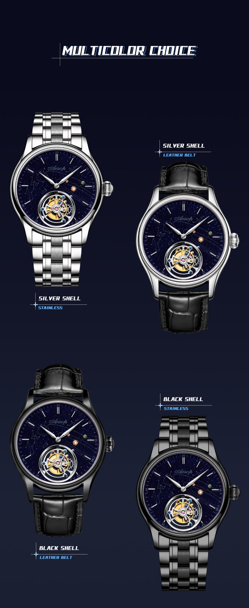 AESOP Mens Luxury Real Flying Tourbillon Mechanical Sapphire Waterproof Watch Skeleton Watches for Men Wristwatches Male Clock 7025