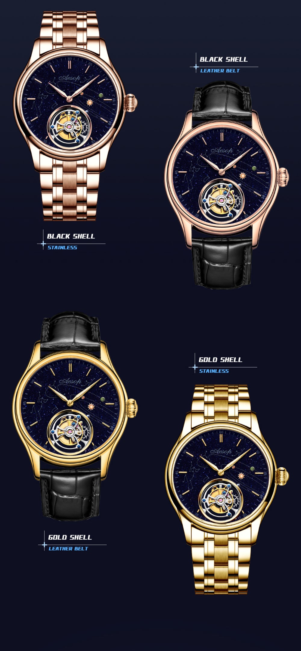 AESOP Mens Luxury Real Flying Tourbillon Mechanical Sapphire Waterproof Watch Skeleton Watches for Men Wristwatches Male Clock 7025