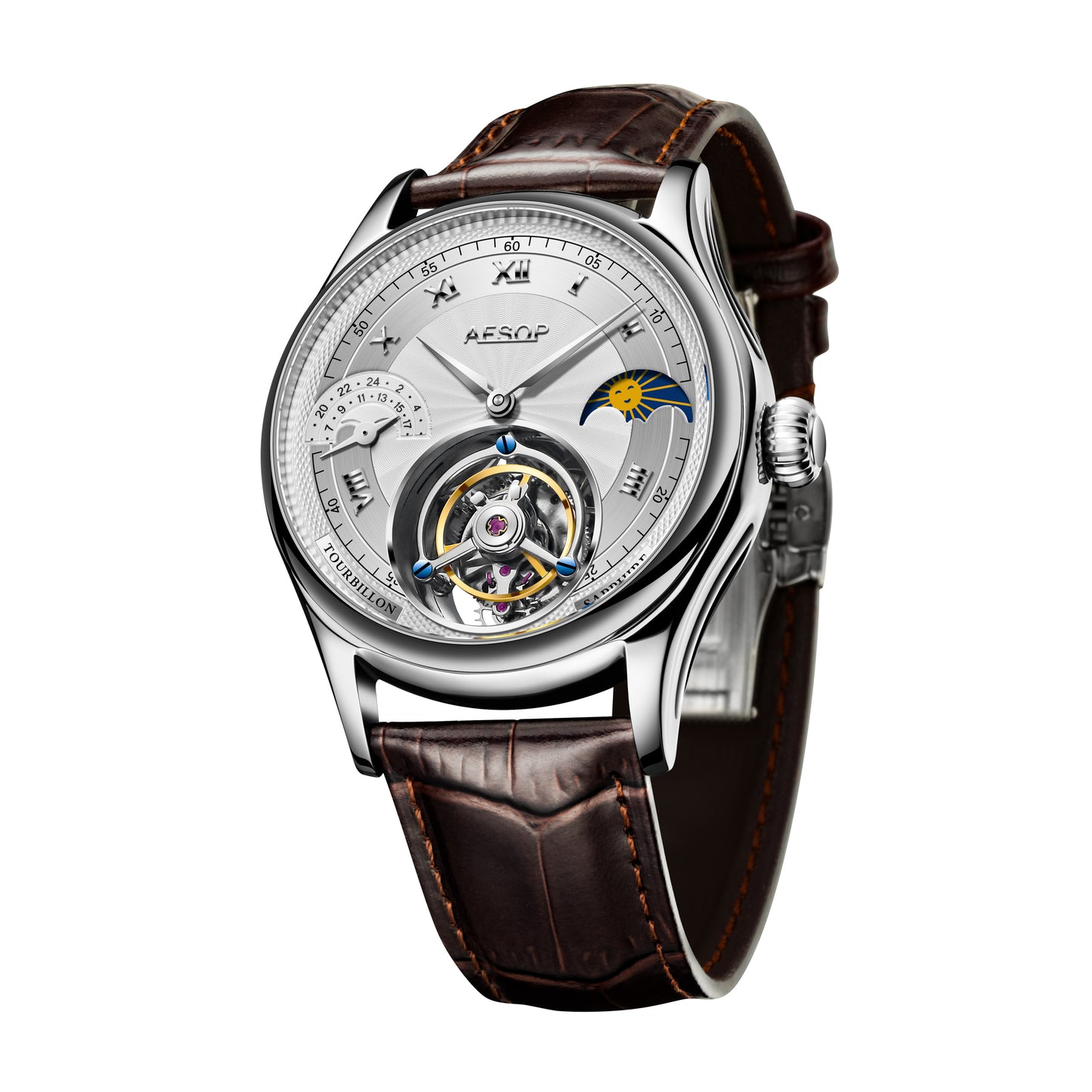 AESOP GMT Flying Tourbillon Mechanical Men Watch Moon Phase 7027