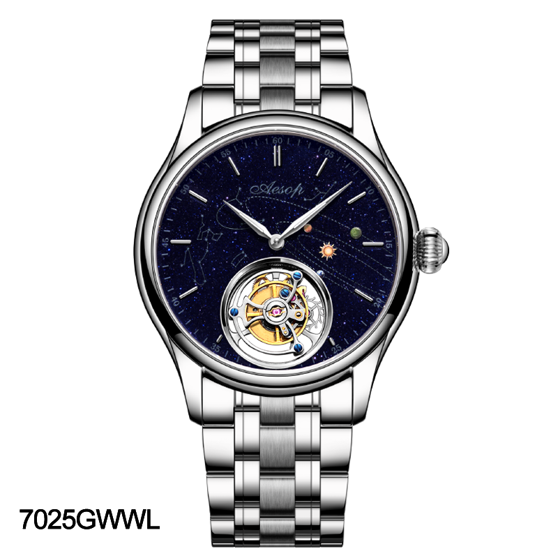 AESOP Mens Luxury Real Flying Tourbillon Mechanical Sapphire Waterproof Watch Skeleton Watches for Men Wristwatches Male Clock 7025