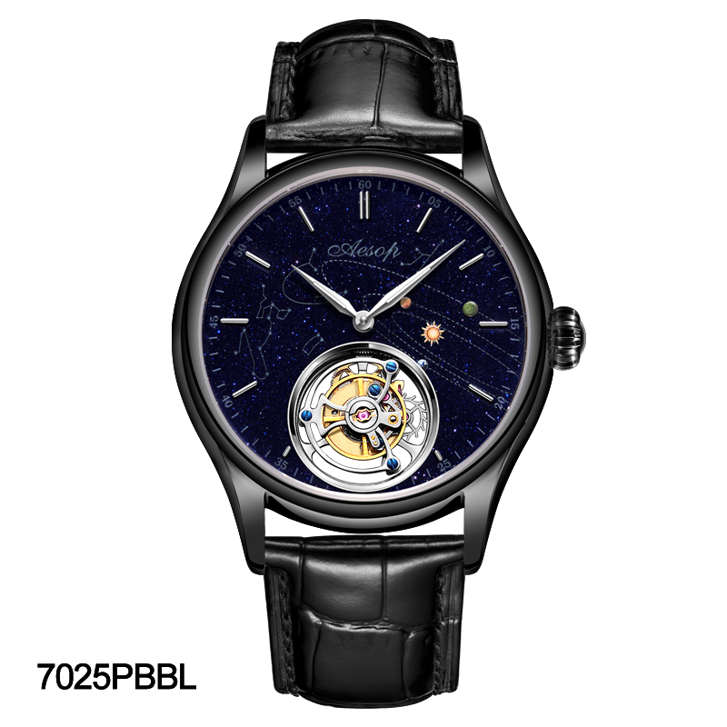 AESOP Mens Luxury Real Flying Tourbillon Mechanical Sapphire Waterproof Watch Skeleton Watches for Men Wristwatches Male Clock 7025