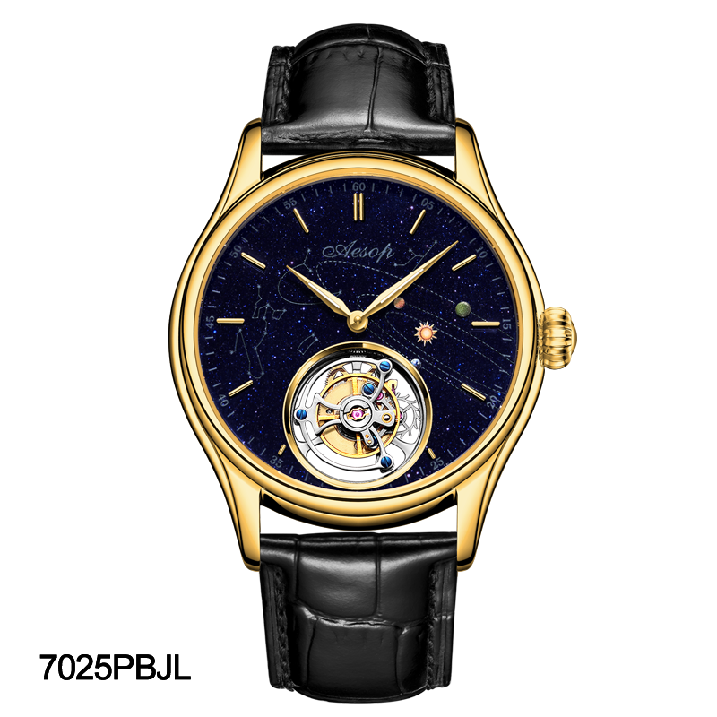 AESOP Mens Luxury Real Flying Tourbillon Mechanical Sapphire Waterproof Watch Skeleton Watches for Men Wristwatches Male Clock 7025