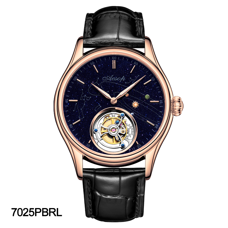 AESOP Mens Luxury Real Flying Tourbillon Mechanical Sapphire Waterproof Watch Skeleton Watches for Men Wristwatches Male Clock 7025