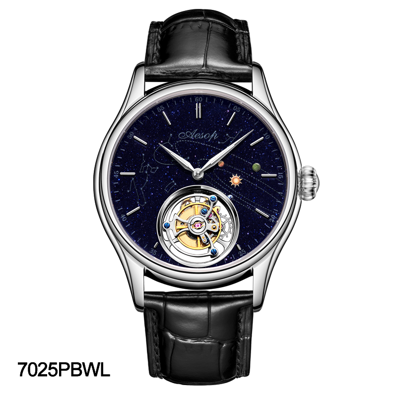 AESOP Mens Luxury Real Flying Tourbillon Mechanical Sapphire Waterproof Watch Skeleton Watches for Men Wristwatches Male Clock 7025