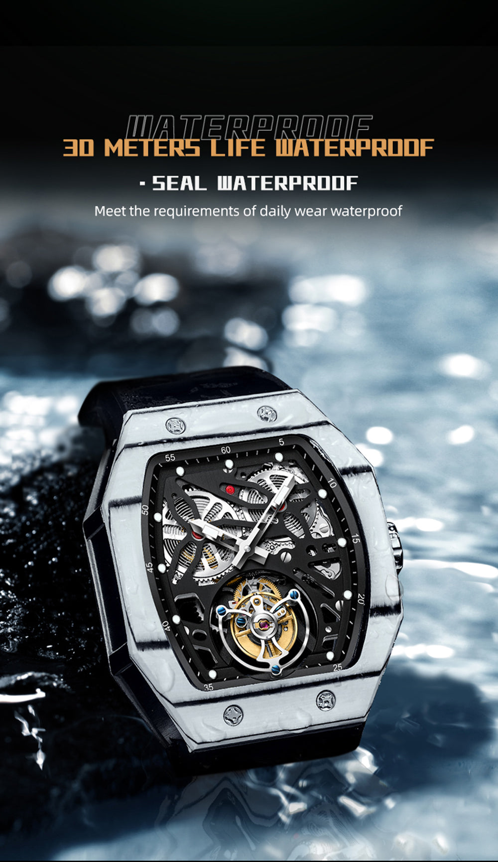 AESOP Carbon Fiber Bezel Tonneau Case Skeleton Tourbillon Watch 7036