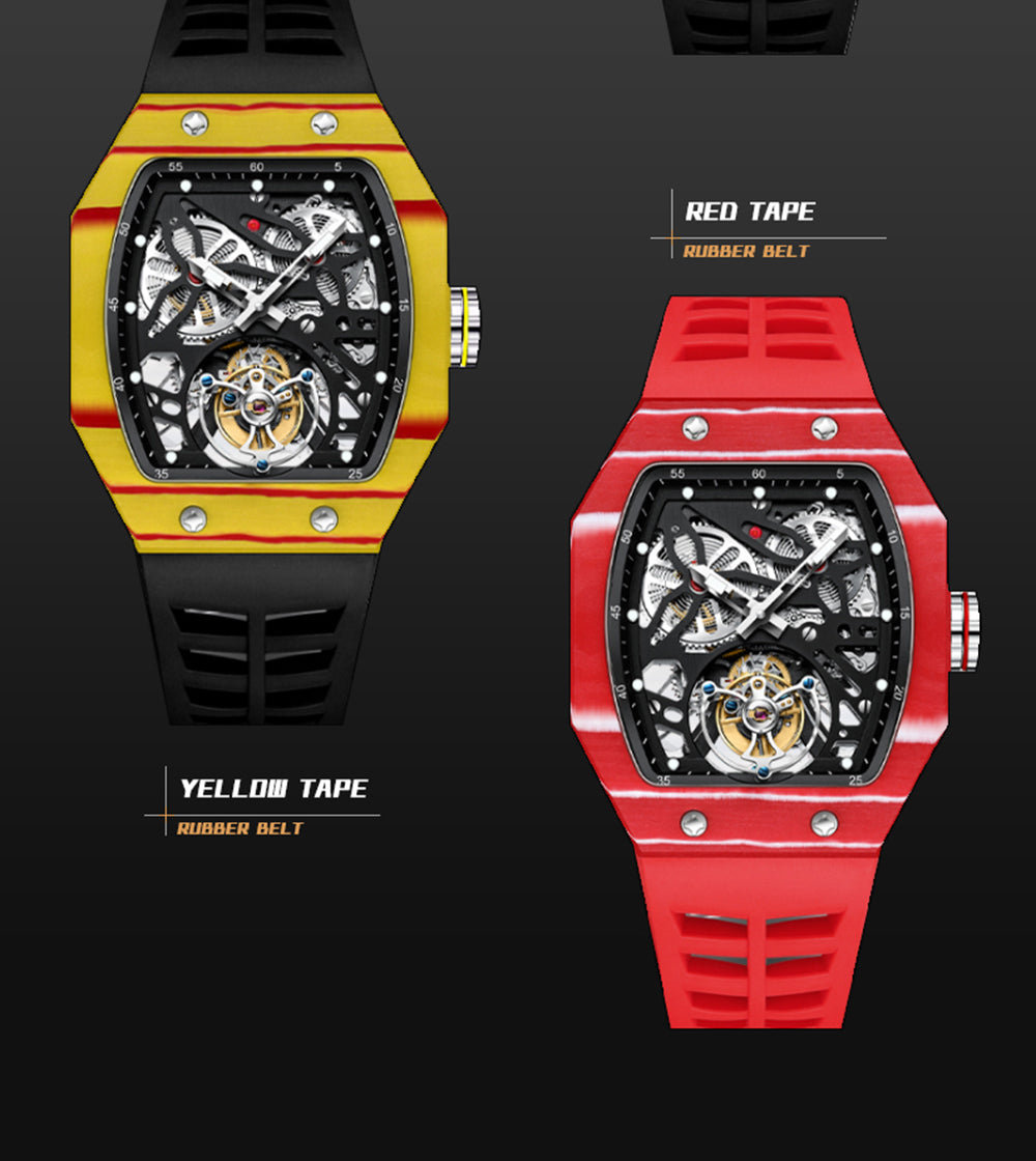 AESOP Carbon Fiber Bezel Tonneau Case Skeleton Tourbillon Watch 7036