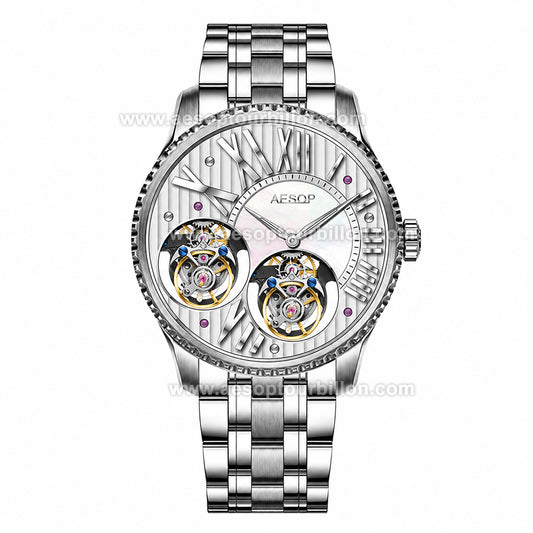 Aesop Large Roman Numerals Double Tourbillon Men Watch 7102