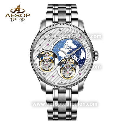 Aesop Classic Double Tourbillon Men Watch Earth Dial Sapphire Crystal Luxury Waterproof Wristwatch 7116