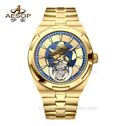 Aesop Map Dial Tourbillon Men Watch Stainless Steel Strap 7033