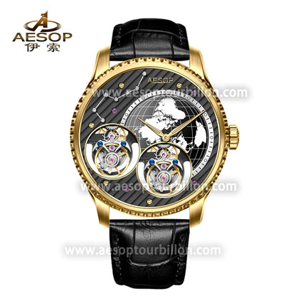 Aesop Classic Double Tourbillon Men Watch Earth Dial Sapphire Crystal Luxury Waterproof Wristwatch 7116