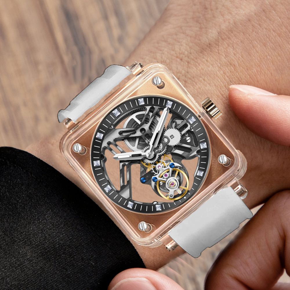 AESOP K9 Crystal Square Case Skeleton Tourbillon Men Watch 7058B