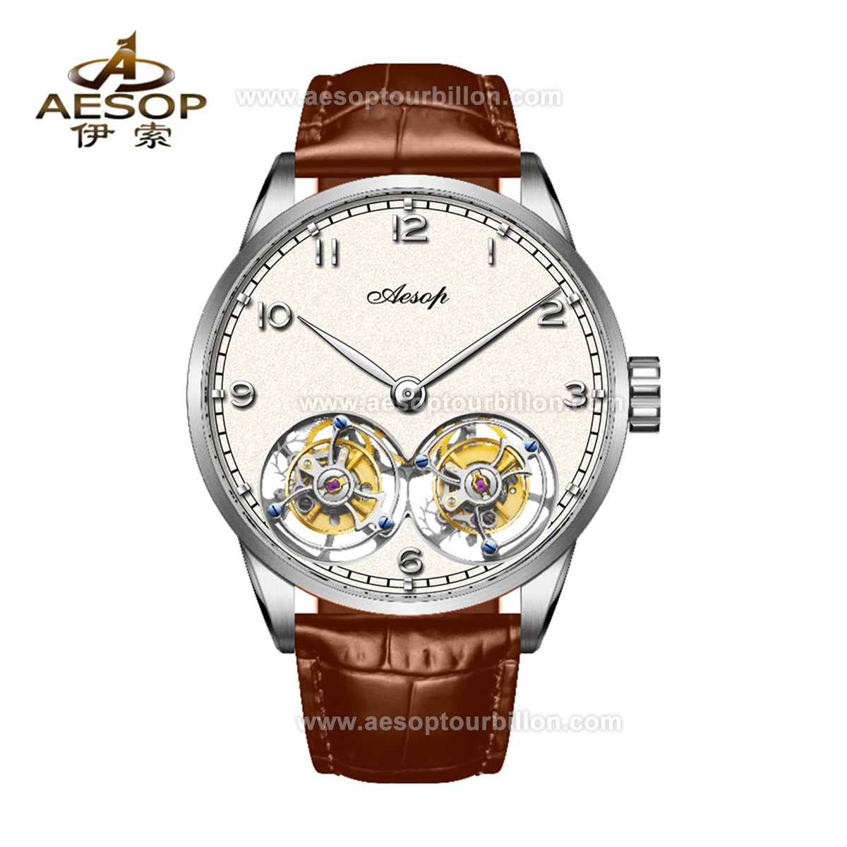 Aesop White Dial Classic Double Tourbillon Mechanical Men Watch 7108