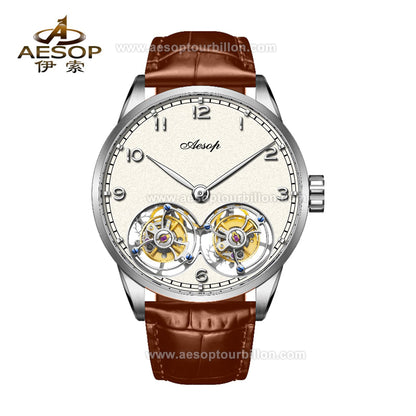 Aesop White Dial Classic Double Tourbillon Mechanical Men Watch 7108