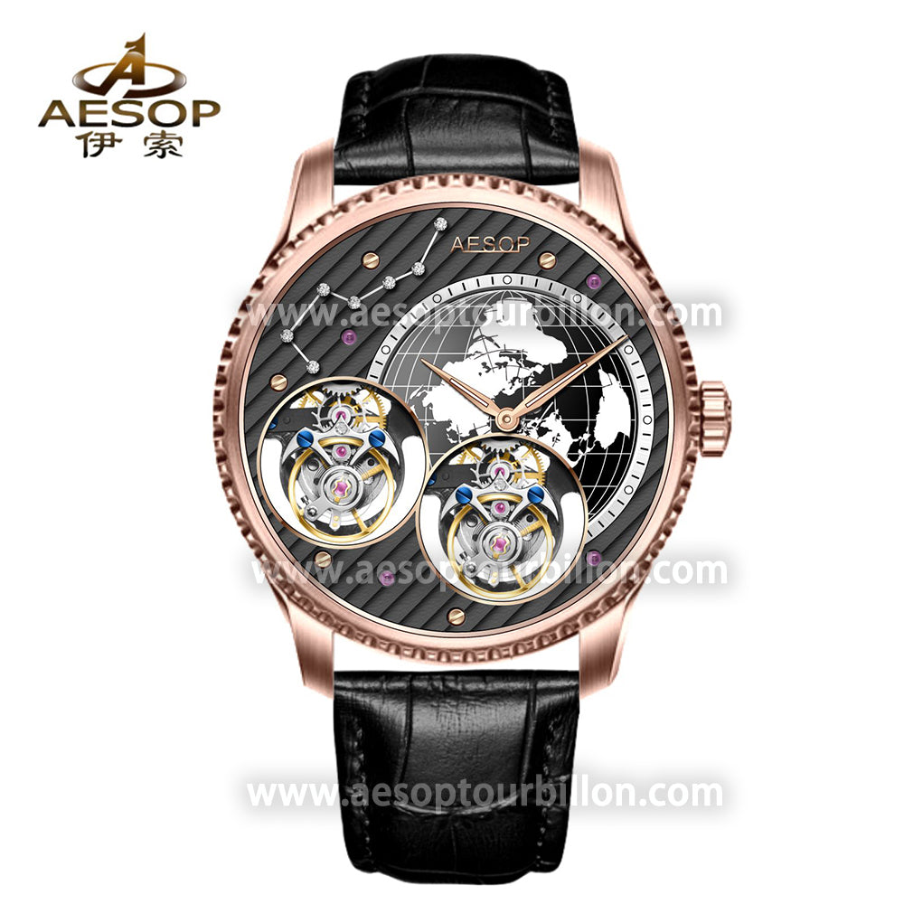 Aesop Classic Double Tourbillon Men Watch Earth Dial Sapphire Crystal Luxury Waterproof Wristwatch 7116