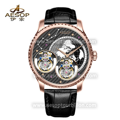 Aesop Classic Double Tourbillon Men Watch Earth Dial Sapphire Crystal Luxury Waterproof Wristwatch 7116