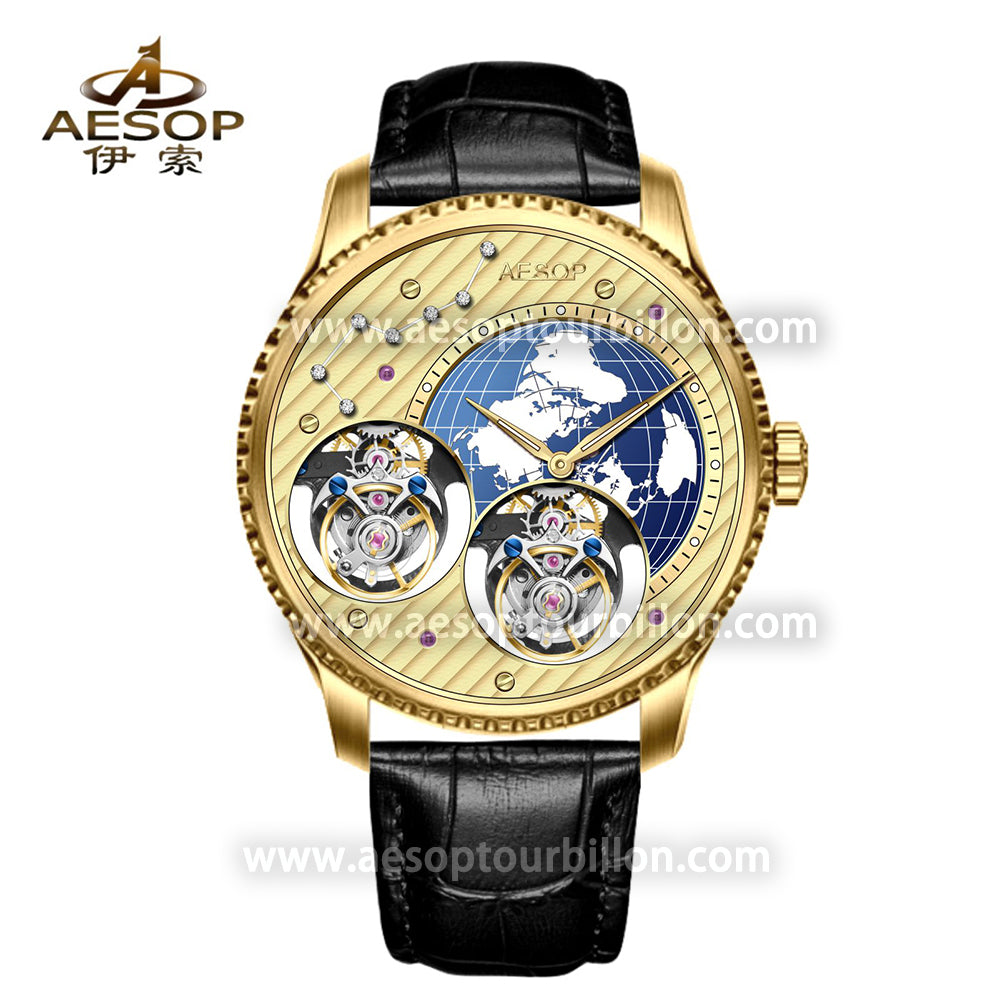 Aesop Classic Double Tourbillon Men Watch Earth Dial Sapphire Crystal Luxury Waterproof Wristwatch 7116