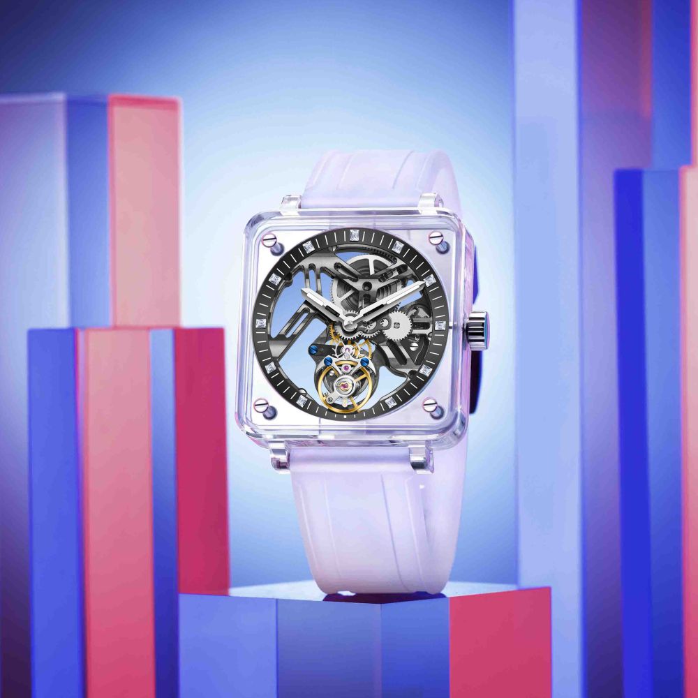 AESOP K9 Crystal Square Case Skeleton Tourbillon Men Watch 7058B