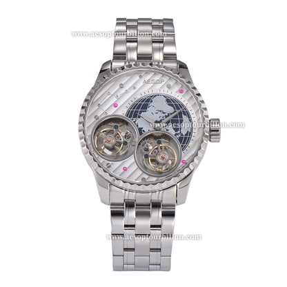Aesop Classic Double Tourbillon Men Watch Earth Dial Sapphire Crystal Luxury Waterproof Wristwatch 7116