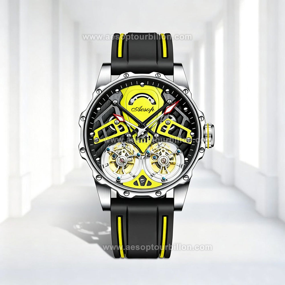 Aesop Skeleton Double Tourbillon Mechanical Men Watch 7028
