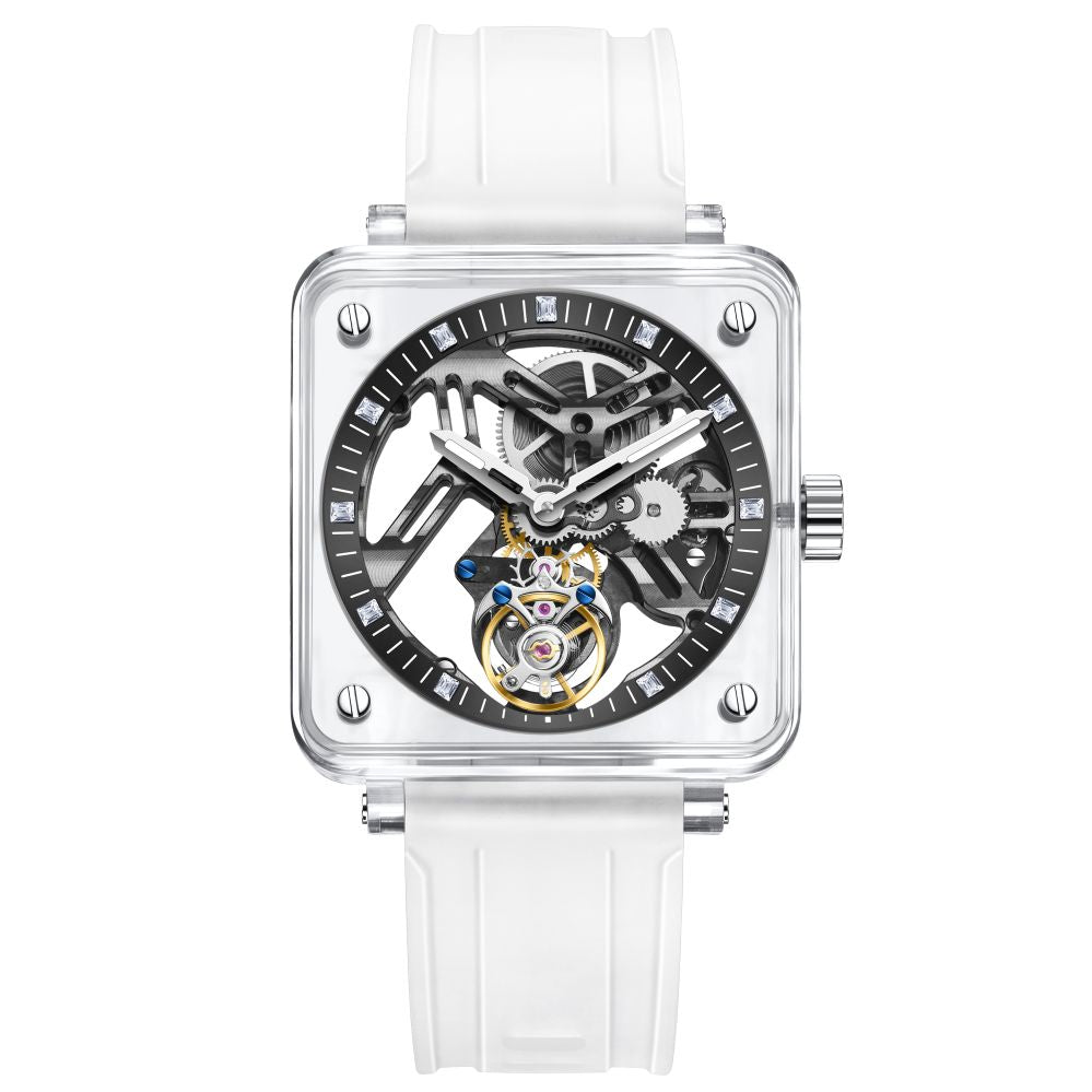 AESOP K9 Crystal Square Case Skeleton Tourbillon Men Watch 7058B