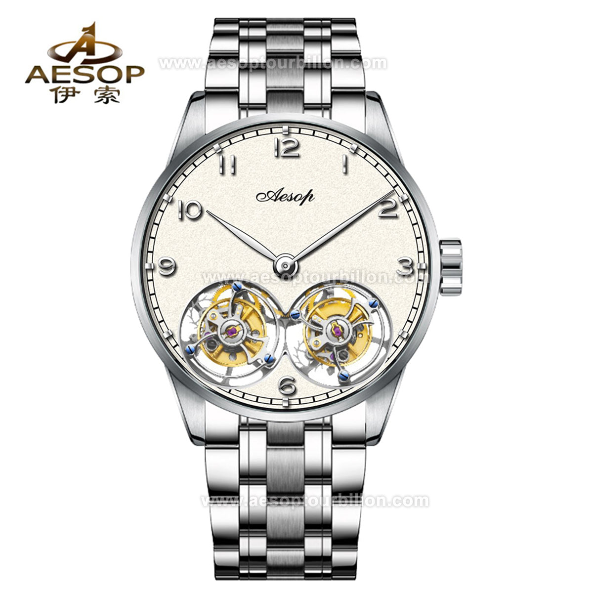 Aesop White Dial Classic Double Tourbillon Mechanical Men Watch 7108