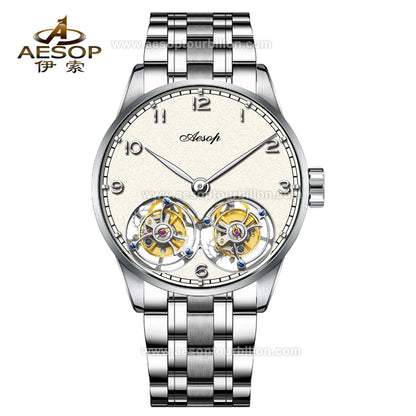 Aesop White Dial Classic Double Tourbillon Mechanical Men Watch 7108