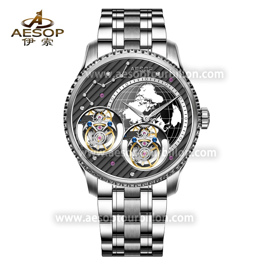 Aesop Classic Double Tourbillon Men Watch Earth Dial Sapphire Crystal Luxury Waterproof Wristwatch 7116
