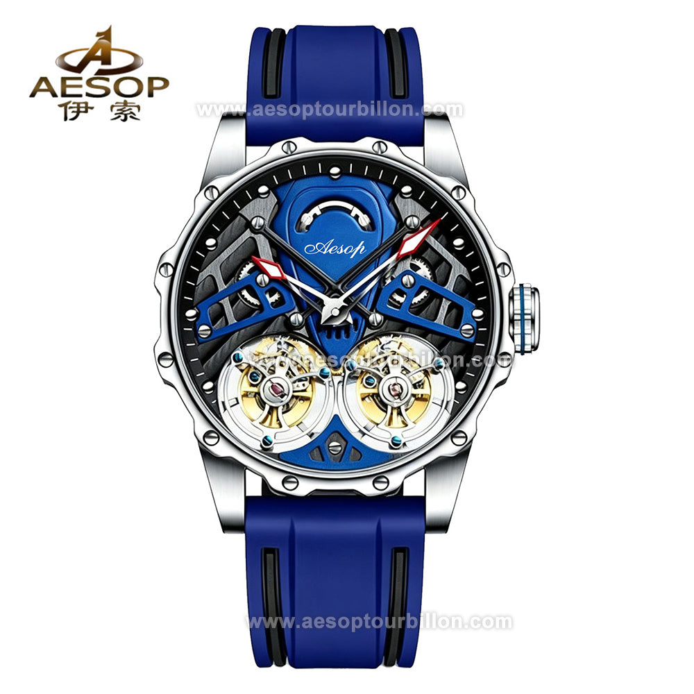 Aesop Skeleton Double Tourbillon Mechanical Men Watch 7028