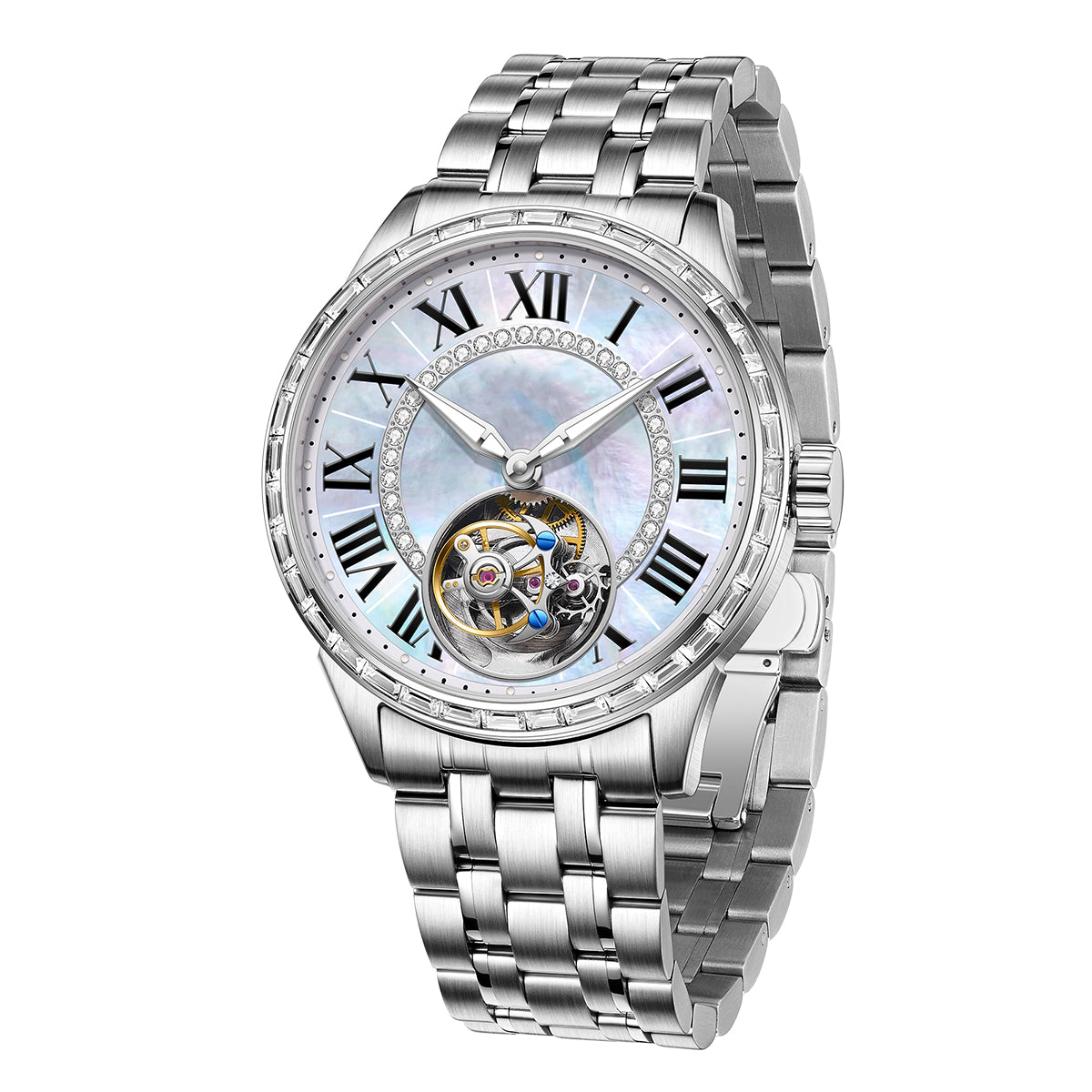 Customized LOGO Zircon Bezel Automatic Tourbillon Men Watch 4