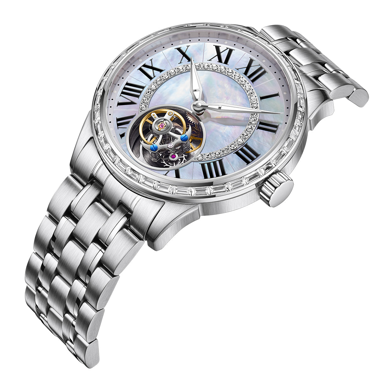Customized LOGO Zircon Bezel Automatic Tourbillon Men Watch 4