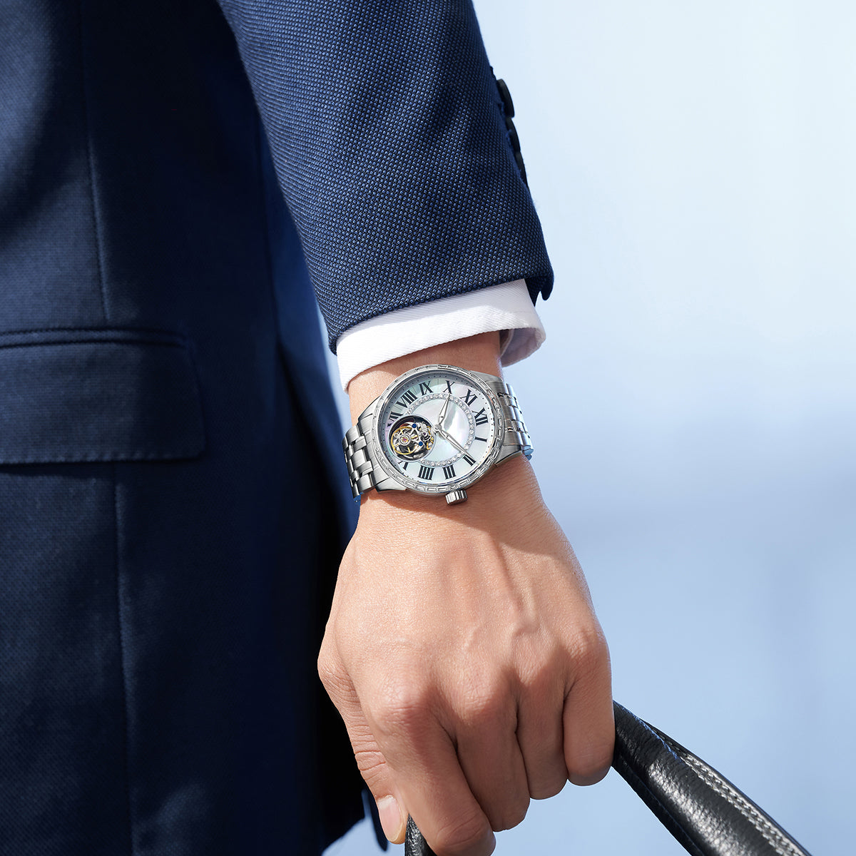 Customized LOGO Zircon Bezel Automatic Tourbillon Men Watch 4