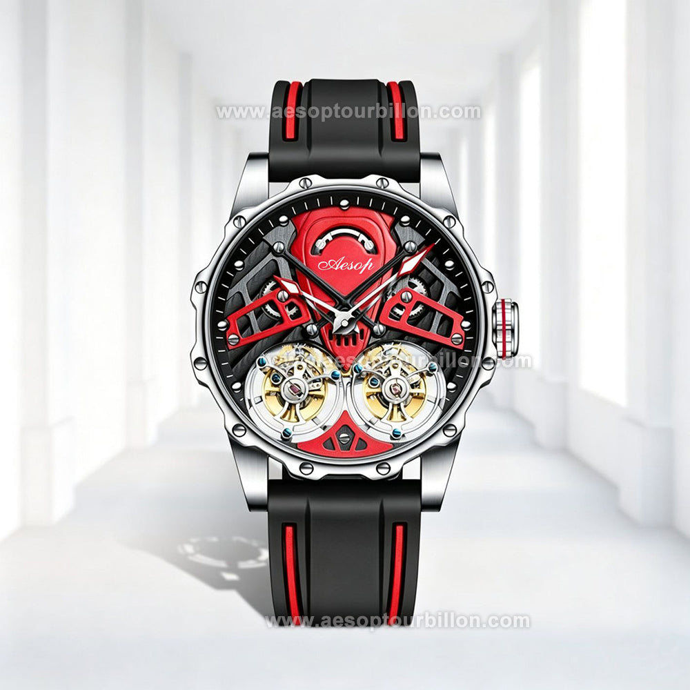 Aesop Skeleton Double Tourbillon Mechanical Men Watch 7028
