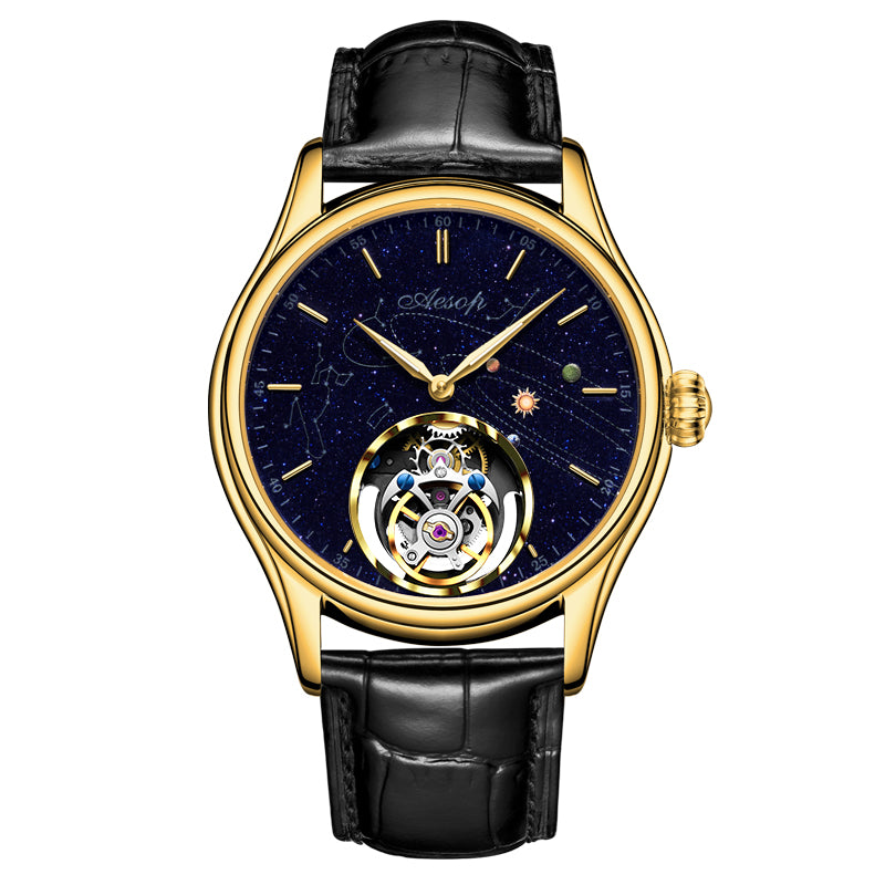 AESOP Mens Luxury Real Tourbillon Mechanical Sapphire Waterproof Watch Skeleton Watches for Men Wristwatches Male Clock 7049