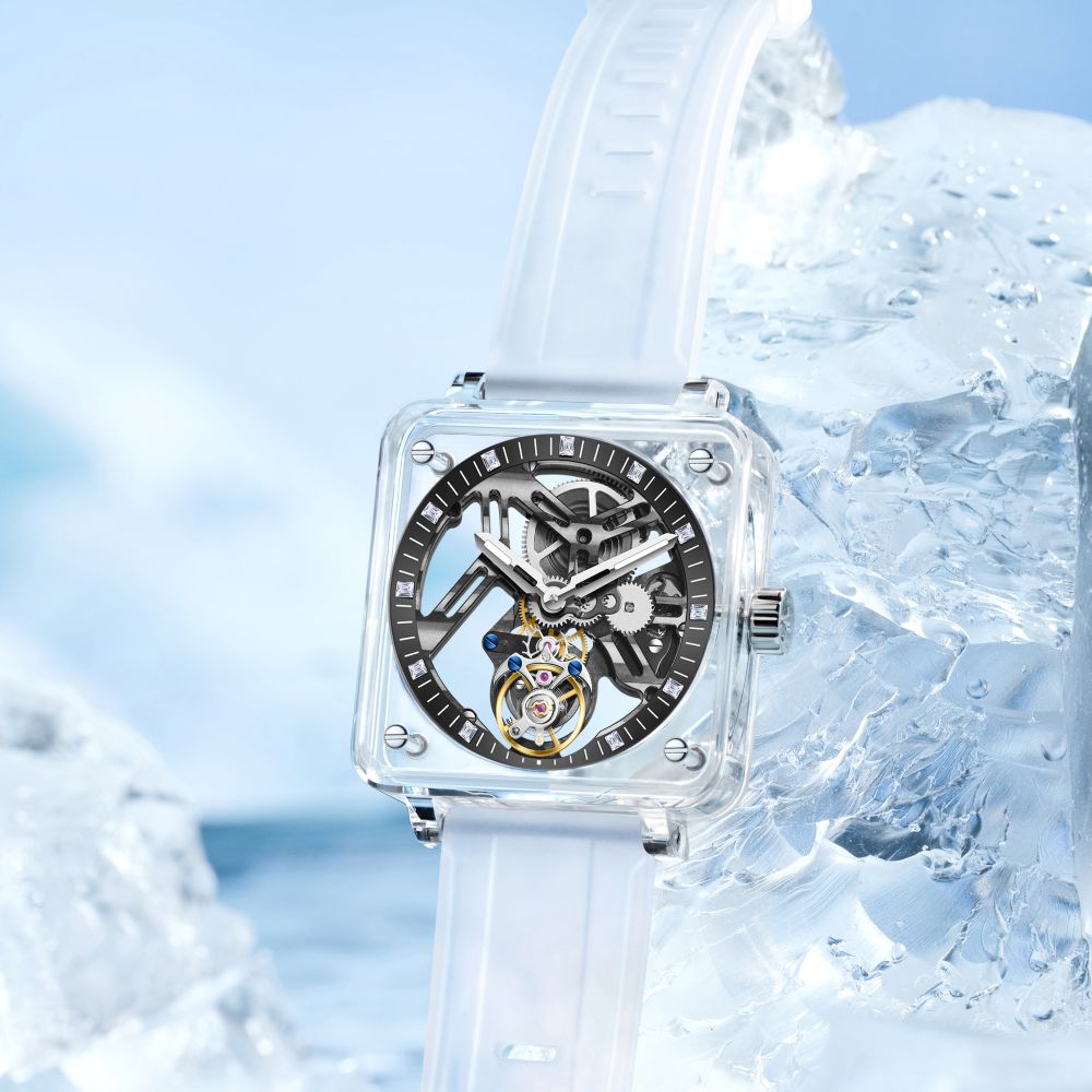 AESOP K9 Crystal Square Case Skeleton Tourbillon Men Watch 7058B