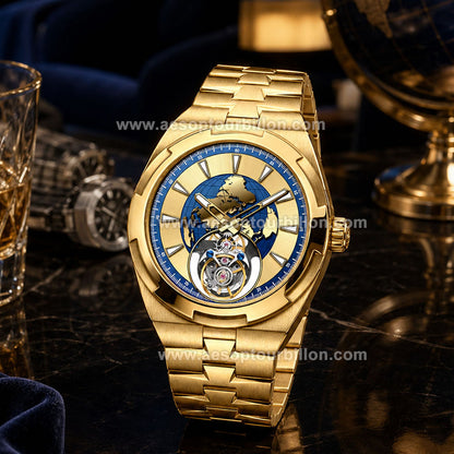 Aesop Map Dial Tourbillon Men Watch Stainless Steel Strap 7033