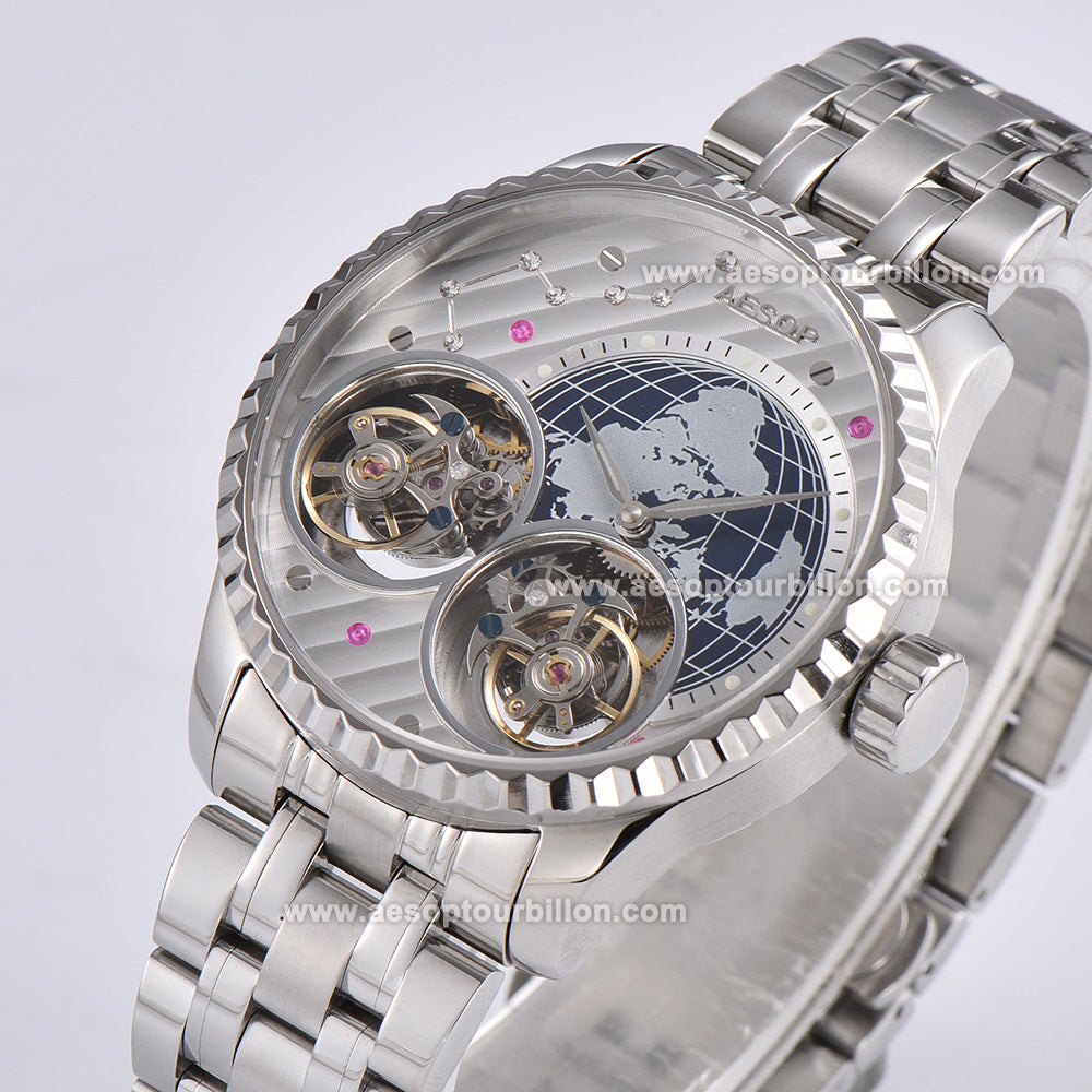 Aesop Classic Double Tourbillon Men Watch Earth Dial Sapphire Crystal Luxury Waterproof Wristwatch 7116