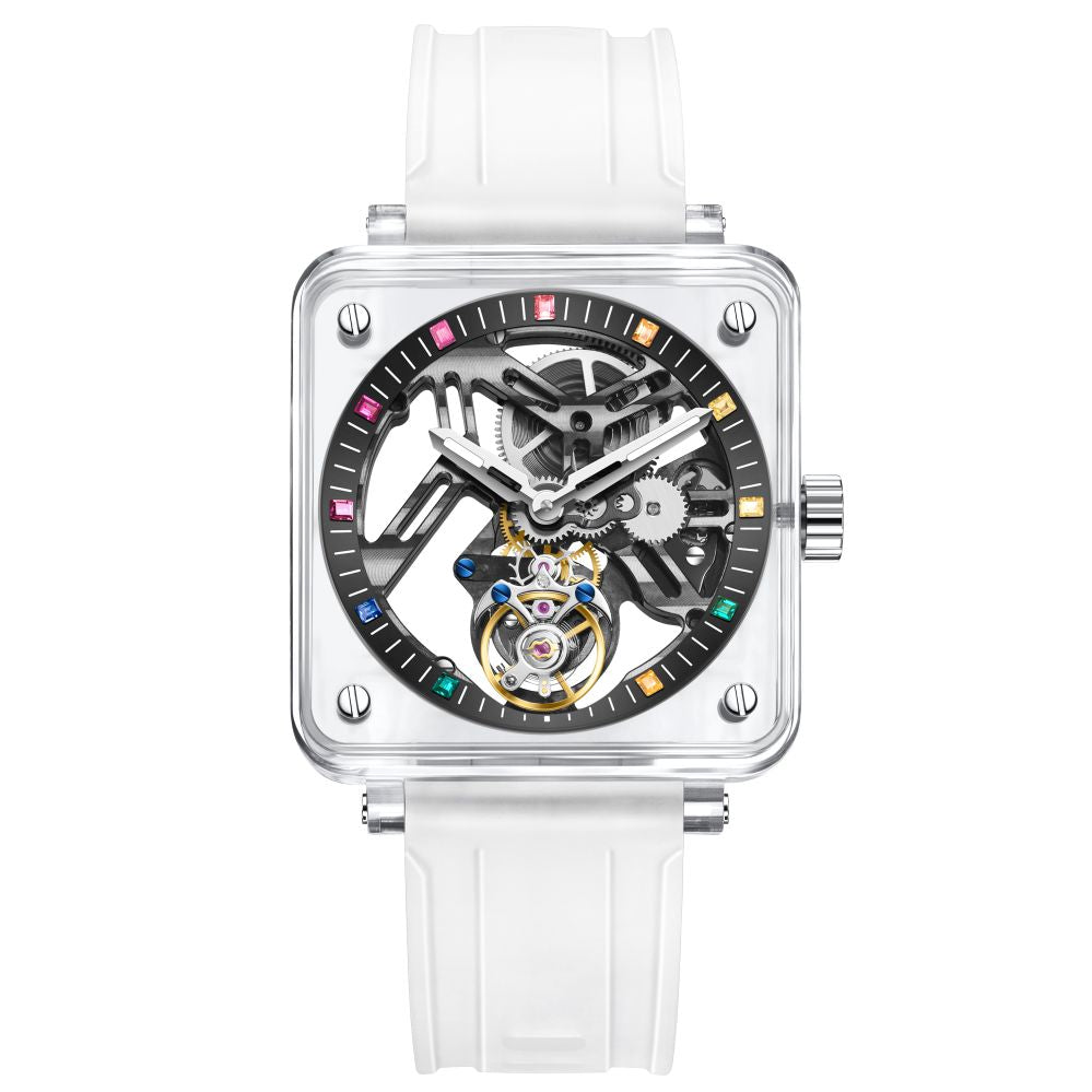 AESOP K9 Crystal Square Case Skeleton Tourbillon Men Watch 7058B