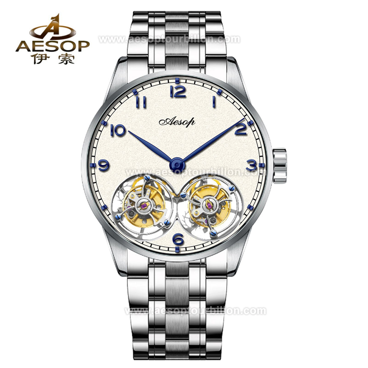 Aesop White Dial Classic Double Tourbillon Mechanical Men Watch 7108
