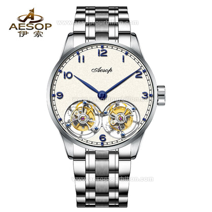 Aesop White Dial Classic Double Tourbillon Mechanical Men Watch 7108