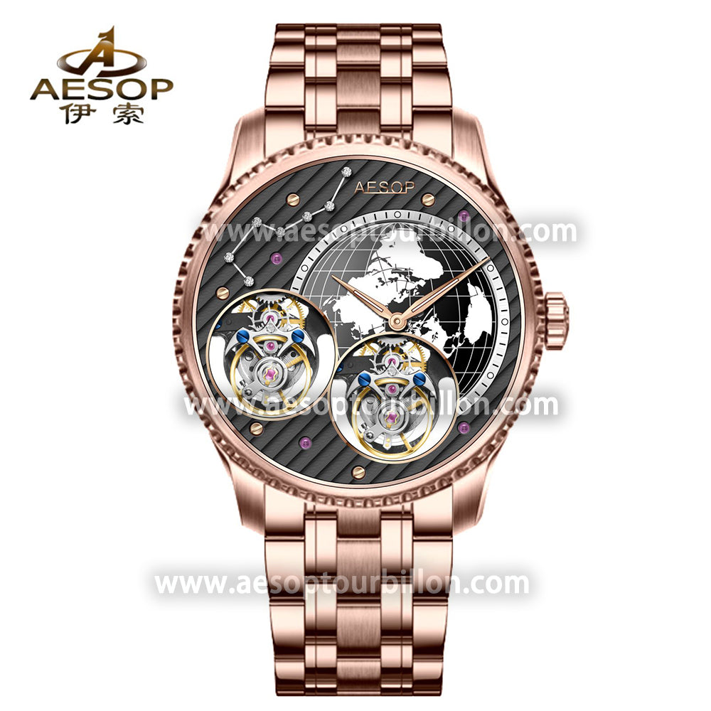 Aesop Classic Double Tourbillon Men Watch Earth Dial Sapphire Crystal Luxury Waterproof Wristwatch 7116