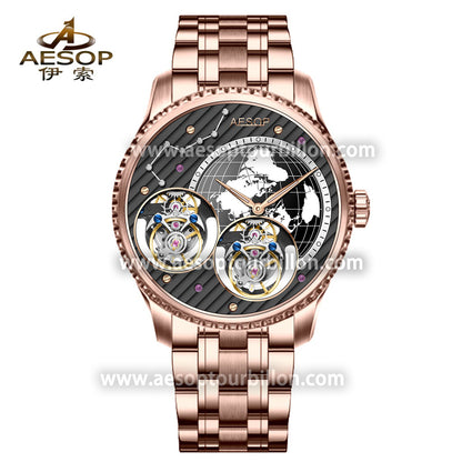 Aesop Classic Double Tourbillon Men Watch Earth Dial Sapphire Crystal Luxury Waterproof Wristwatch 7116