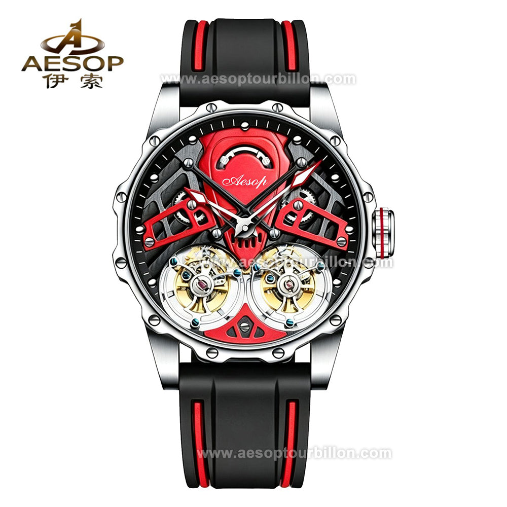 Aesop Skeleton Double Tourbillon Mechanical Men Watch 7028